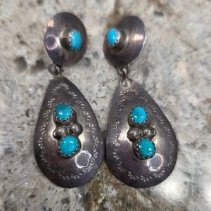 Vintage Sterling Silver Turquoise Dangle Earrings Southwestern Navajo Style L